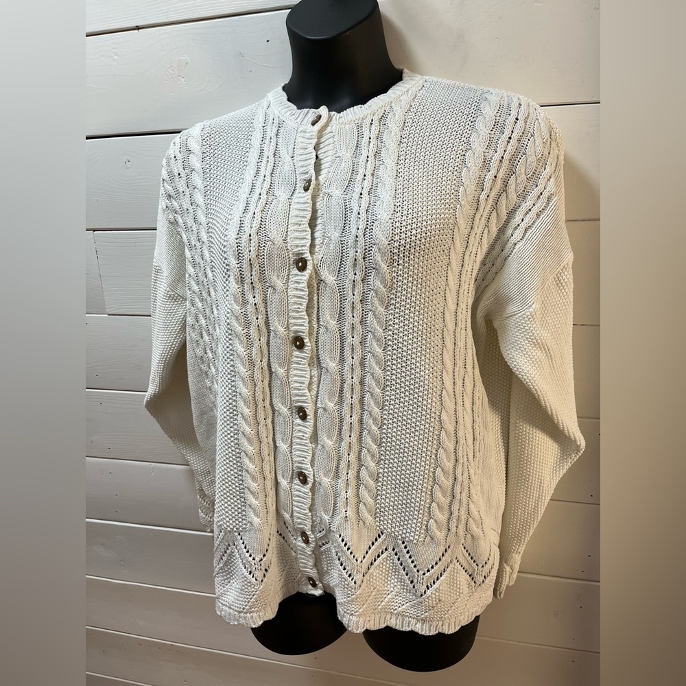 COTTON ROAD VINTAGE – White Cable Knit Cardigan – Oversized L - Picture 5 of 12